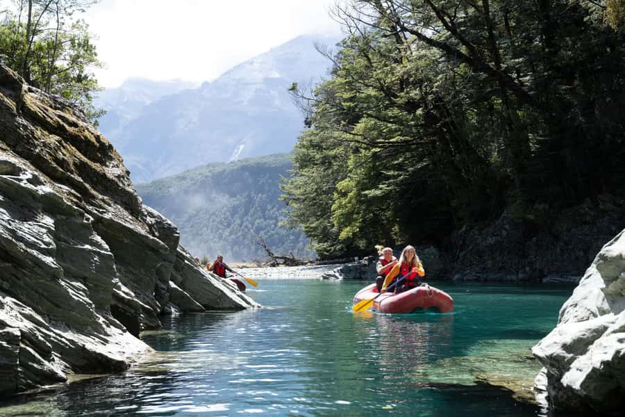From Queenstown: Dart River Canoe & Jet Boat Day Trip - Paddling downstream in a Funyak
