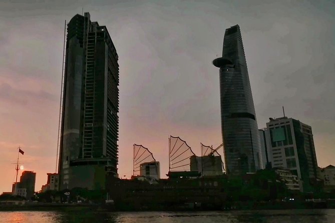 Sunset City-Dragon Floating Temple on River with LUXURY SPEEDBOAT - Saigon Bridge, Thu Thiem Bridge, and the modern city